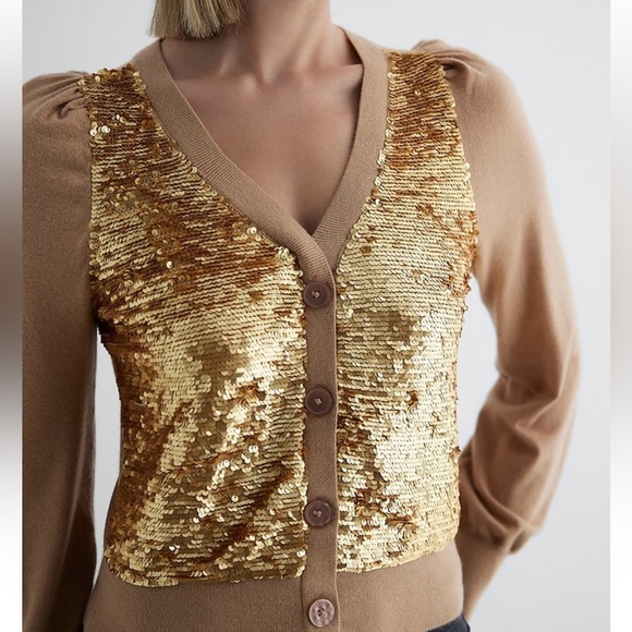 NWT Express Sequin Button Front Cardigan in Pecan - Picture 1 of 8